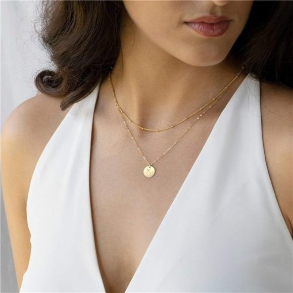 Initial Necklaces for Women, Gold White Gold Rose Gold Double Side Engraved Coin - Picture 2 of 6